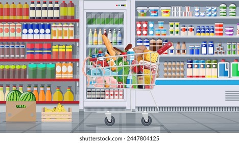 Interior de tienda de supermercado con mercancías. Un gran centro comercial. Tienda de comestibles. Dentro del supermercado. Carrito lleno de comida. Abarrotes, bebidas, frutas, productos lácteos. Ilustración vectorial en estilo plano