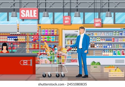 Supermarket store interior with goods. Big shopping mall. Groceries shop. Inside of super market. Customer with basket full of food. Grocery, drinks, fruits, dairy products. Flat vector illustration