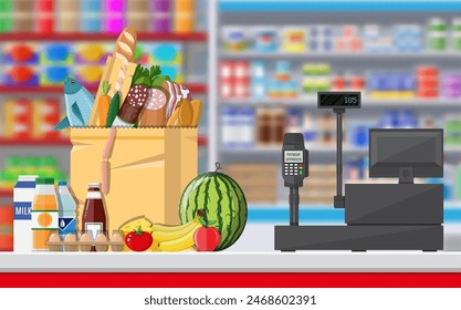 Interior de tienda de supermercado con mercancías. Un gran centro comercial. Interior de la tienda. Completar compra mostrador con caja registradora, tienda de comestibles, bebidas, alimentos, frutas, productos lácteos. Ilustración vectorial en estilo plano