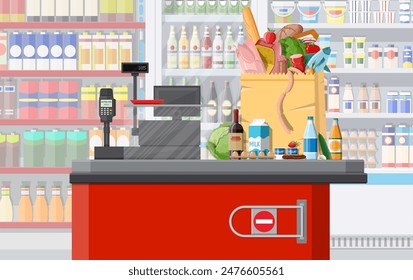 Supermarket store interior with goods. Big shopping mall. Interior store inside. Checkout counter, cash machine, grocery, drinks, food, fruits, dairy products. Vector illustration in flat style