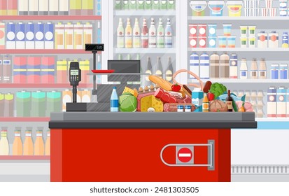 Supermarkt-Ladeninnenraum mit Waren. Großes Einkaufszentrum. Innenlager im Inneren. Kasse-Schalter, Geldautomat, Lebensmittelgeschäft, Getränke, Essen, Obst, Milchprodukte. Vektorillustration im flachen Stil