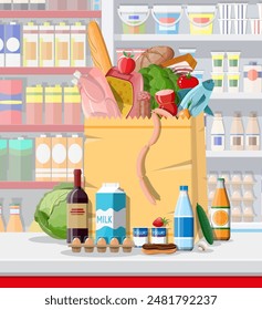 Supermarket store interior with goods. Big shopping mall. Interior store inside. Checkout counter, grocery, drinks, food, fruits, dairy products. Vector illustration in flat style