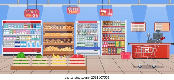 Supermarket store interior with goods. Big shopping mall. Interior store inside. Checkout counter, grocery, drinks, food, fruits, dairy products. Vector illustration in flat style