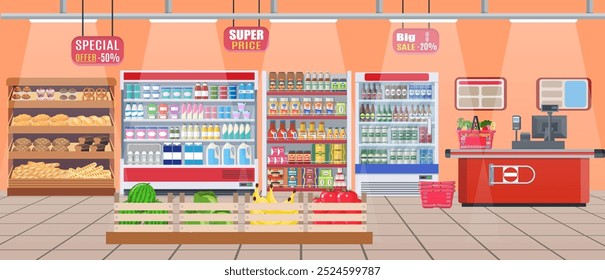 Supermarket store interior with goods. Big shopping mall. Interior store inside. Checkout counter, grocery, drinks, food, fruits, dairy products. Vector illustration in flat style