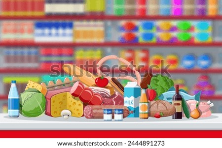 Supermarket store interior with goods. Big shopping mall. Interior store inside. Checkout counter, grocery, drinks, food, fruits, dairy products. Vector illustration in flat style