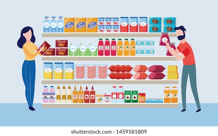 Supermarket store interior with goods and buyers characters the flat cartoon vector illustration. Big shopping mall grocery shelves with drinks, food and dairy products.