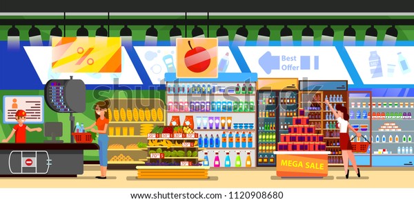 Supermarket Store Interior Goods Grocery Drinks Stock Vector (Royalty ...