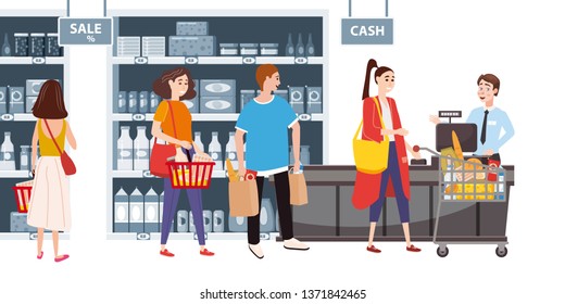 Supermarket or store interior with shelves and goods, groceries, cash desk and cashier. Men and women buyers, cart products. Big shopping center. Vector, illustration, isolated, cartoon style