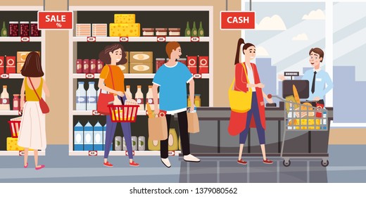 Supermarket or store interior with shelves and goods, groceries, cash desk and cashier. Men and women buyers, cart products. Big shopping center. Vector, illustration, isolated, cartoon style