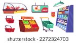 Supermarket, store and market shelves, showcases with grocery, stand with fruits and vegetables, refrigerator, baskets and trolley cart, vector cartoon set isolated on white background