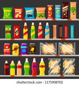 Supermarket, store shelves with groceries products. Fast food snack and drinks with price tags on the racks - flat vector illustration