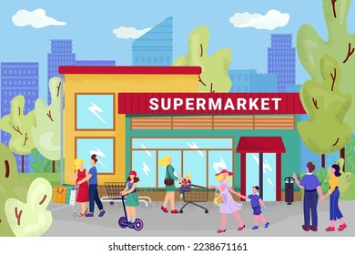 Supermarket store, vector illustration. Flat street with people character near city shop, retail sale at cartoon mall for customer.