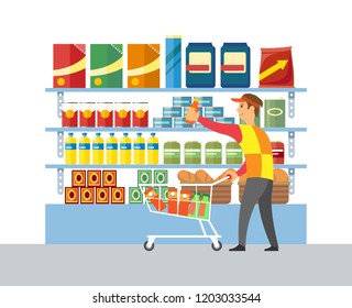 Supermarket store worker merchandising vector. Man with products putting sausage on place. Packages and oil in plastic bottle, canned products goods