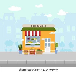 Supermarket Storefront Fruits Vegetables Dairy Products Stock Vector ...