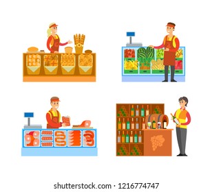 Supermarket stores butchers department with meat and steaks and fruits shop vector. Bakery and winery production, sommelier with wine alcoholic drinks