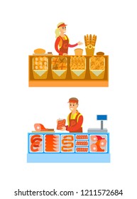 Supermarket stores department bakery set vector. Woman selling baked production, bread and buns. Man with sausages and beef, pork meat on shelves