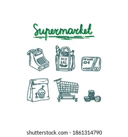 Supermarket symbols with register, trolley, eco bag and credit card. Icons of shopping and supermarket essentials. Doodle vector illustration