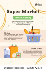 supermarket template. groceries. Grocery store, Shopping, Supermarket, Fresh food, Home delivery, Ordering, Sale concept. vector illustration for poster, banner, flyer, advertising, promo, commercial.