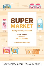 supermarket template. groceries. Grocery store, Shopping, Supermarket, Fresh food, Home delivery, Ordering, Sale concept. vector illustration for poster, banner, flyer, advertising, promo, commercial.