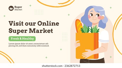 supermarket template. groceries. Grocery store, Shopping, Supermarket, Fresh food, Home delivery, Ordering, Sale concept. vector illustration for poster, banner, flyer, advertising, promo, commercial.