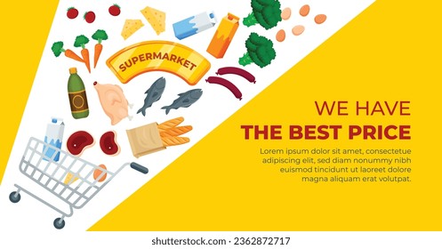 supermarket template. groceries. Grocery store, Shopping, Supermarket, Fresh food, Home delivery, Ordering, Sale concept. vector illustration for poster, banner, flyer, advertising, promo, commercial.