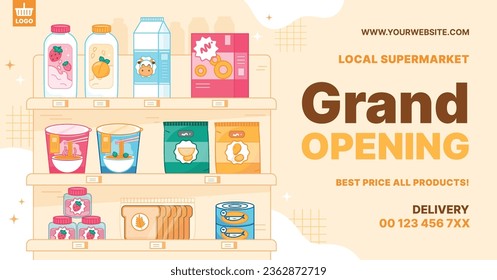 plantilla de supermercado. comestibles. Tienda de comestibles, tiendas, supermercado, alimentos frescos, entrega en casa, pedido, concepto de venta. ilustración vectorial para afiches, banner, volante, publicidad, promoción, comercial.