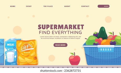 supermarket template. groceries. Grocery store, Shopping, Supermarket, Fresh food, Home delivery, Ordering, Sale concept. vector illustration for poster, banner, flyer, advertising, promo, commercial.