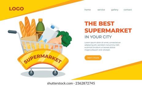 supermarket template. groceries. Grocery store, Shopping, Supermarket, Fresh food, Home delivery, Ordering, Sale concept. vector illustration for poster, banner, flyer, advertising, promo, commercial.