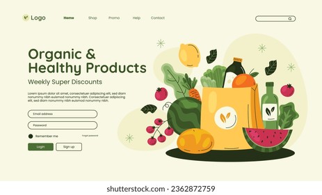 supermarket template. groceries. Grocery store, Shopping, Supermarket, Fresh food, Home delivery, Ordering, Sale concept. vector illustration for poster, banner, flyer, advertising, promo, commercial.