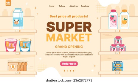 supermarket template. groceries. Grocery store, Shopping, Supermarket, Fresh food, Home delivery, Ordering, Sale concept. vector illustration for poster, banner, flyer, advertising, promo, commercial.