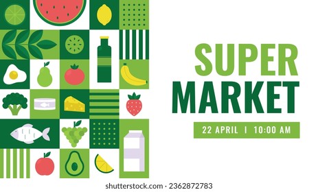 supermarket template. groceries. Grocery store, Shopping, Supermarket, Fresh food, Home delivery, Ordering, Sale concept. vector illustration for poster, banner, flyer, advertising, promo, commercial.