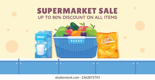 supermarket template. groceries. Grocery store, Shopping, Supermarket, Fresh food, Home delivery, Ordering, Sale concept. vector illustration for poster, banner, flyer, advertising, promo, commercial.