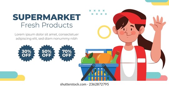 supermarket template. groceries. Grocery store, Shopping, Supermarket, Fresh food, Home delivery, Ordering, Sale concept. vector illustration for poster, banner, flyer, advertising, promo, commercial.