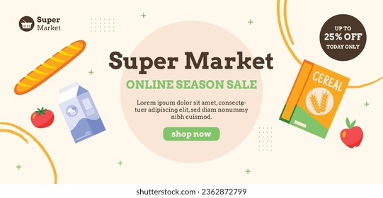 supermarket template. groceries. Grocery store, Shopping, Supermarket, Fresh food, Home delivery, Ordering, Sale concept. vector illustration for poster, banner, flyer, advertising, promo, commercial.