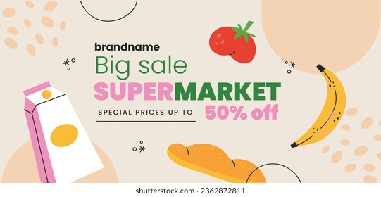 supermarket template. groceries. Grocery store, Shopping, Supermarket, Fresh food, Home delivery, Ordering, Sale concept. vector illustration for poster, banner, flyer, advertising, promo, commercial.