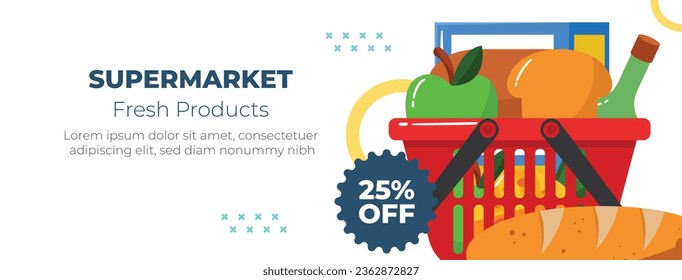 supermarket template. groceries. Grocery store, Shopping, Supermarket, Fresh food, Home delivery, Ordering, Sale concept. vector illustration for poster, banner, flyer, advertising, promo, commercial.