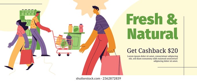 supermarket template. groceries. Grocery store, Shopping, Supermarket, Fresh food, Home delivery, Ordering, Sale concept. vector illustration for poster, banner, flyer, advertising, promo, commercial.