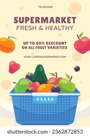 supermarket template. groceries. Grocery store, Shopping, Supermarket, Fresh food, Home delivery, Ordering, Sale concept. vector illustration for poster, banner, flyer, advertising, promo, commercial.