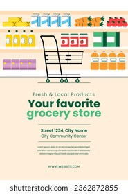 supermarket template. groceries. Grocery store, Shopping, Supermarket, Fresh food, Home delivery, Ordering, Sale concept. vector illustration for poster, banner, flyer, advertising, promo, commercial.