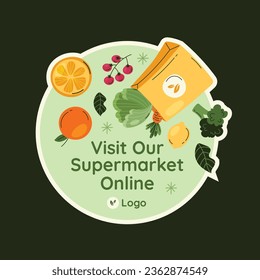 plantilla de supermercado. comestibles. Tienda de comestibles, tiendas, supermercado, alimentos frescos, entrega en casa, pedido, concepto de venta. ilustración vectorial para afiches, etiquetas, pegatinas, publicidad, promoción, comercial