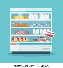 Supermarket thermocool refrigerator shelves food collection with milk fish meat cheese chicken sausage cake flat vector illustration