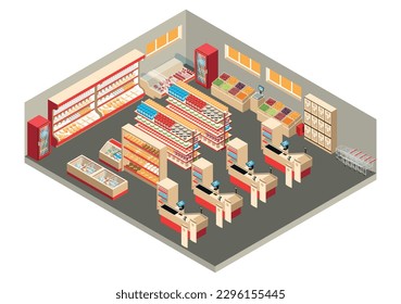 Supermarket trading hall interior with counters cold boxes and checkouts isometric object isolated at white background vector illustration