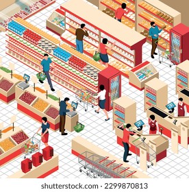 Supermarket trading hall isometric fragment with shelves filled by different fresh products visitors and cashiers vector illustration