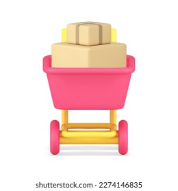 Supermarket trolley cart full cardboard box gift present shopping sale discount 3d icon realistic vector illustration. Store shop commercial merchandise grocery retail purchase Black Friday clearance