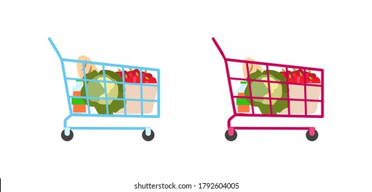 Supermarket trolley flat color vector objects set. Full shopping cart. Buying groceries. Organic food. Isolated cartoon illustration for web graphic design and animation collection