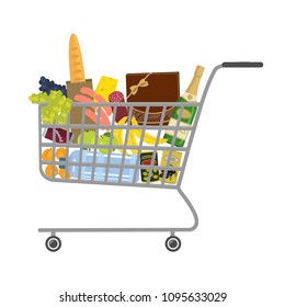 Supermarket trolley full of food and drinks: a champagne bottle, a box of chocolates, a water bottle, bread, sausage, cheese, grapes, bananas, apples and other products in the picture. Vector