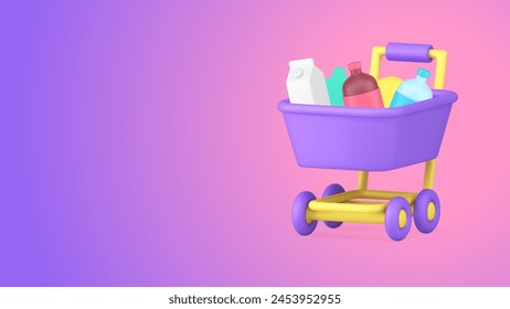 Carro de supermercado lleno de compras de comestibles compra de mercado de alimentos icono 3d Ilustración vectorial realista. Tienda de comestibles Carrito compra de productos comercio minorista autoservicio comida bebida llevar