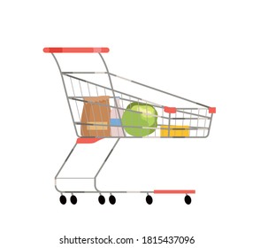 Supermarket trolley with groceries, cabbage, cheese, milk. Shop trip concept