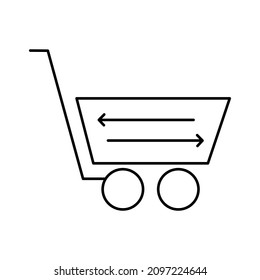Supermarket trolley with two arrows inside. Simple outline black and white vector icon with thin lines. Editable line thickness