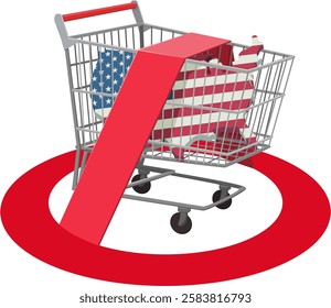 Supermarket trolley with USA map in the colors of the American flag on which the red circular prohibition symbol is placed (cut out)